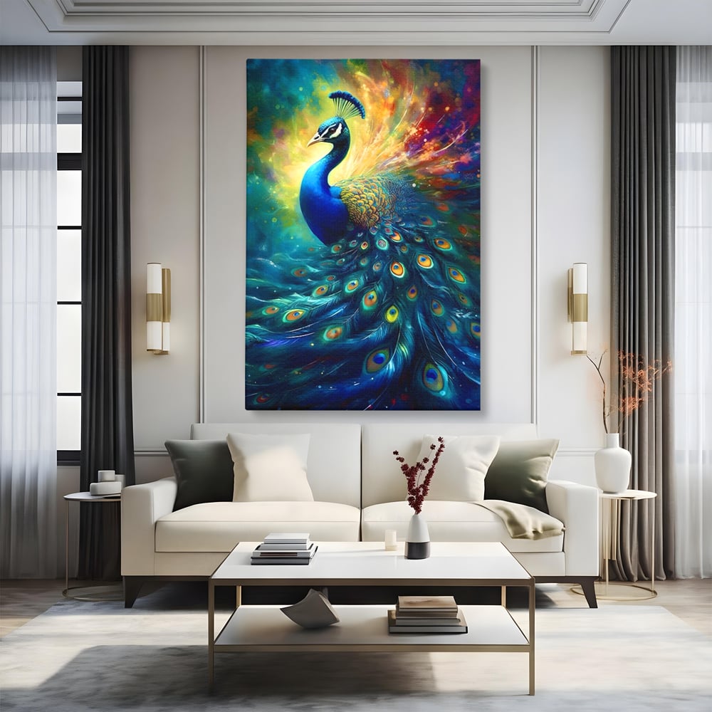 Tablou canvas cu tablou canvas cu paun colorat, fara rama, pe sasiu de lemn, pe perete intr-un living